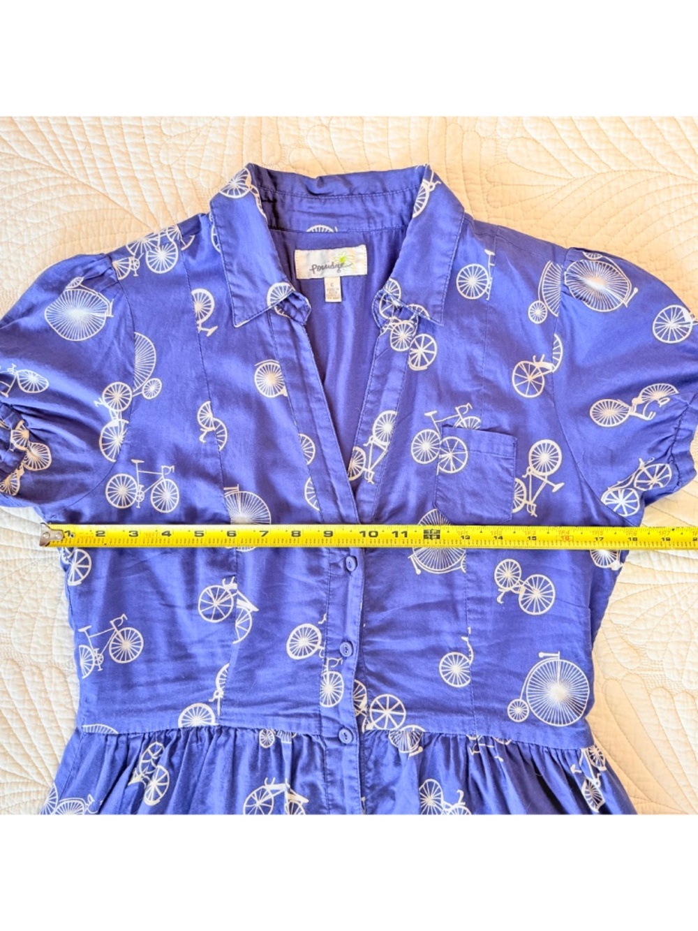 Porridge Cottagecore Twee Retro Blue Bicycle Print Cotton Day Dress Pockets Sz 6 - Picture 16 of 17